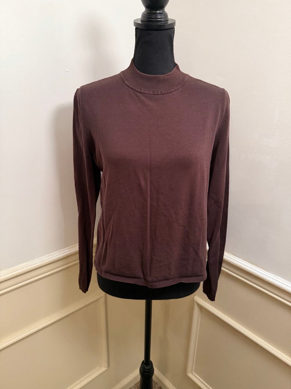 Vintage August Silk Mock Neck Sweater Top Chocolate Brown Silk Blend Long Sleeve